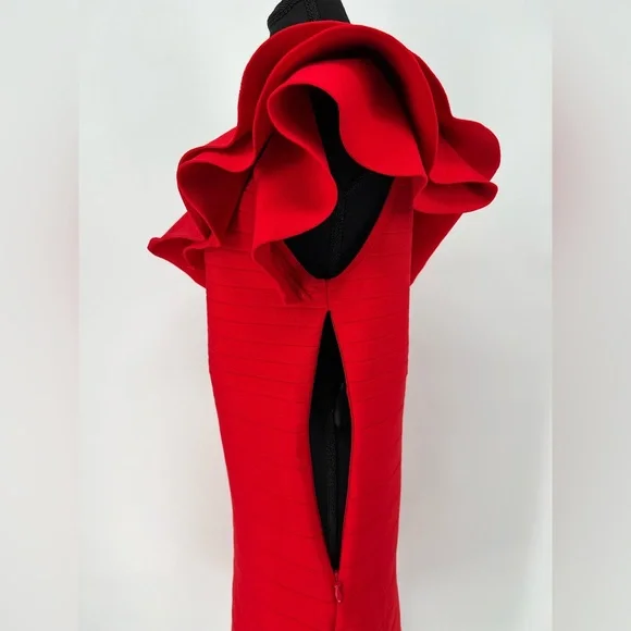 VENUS dramatic‎ Red Ruffle Bandage Bodycon Dress One Shoulder Sleeveless - Picture 10 of 13